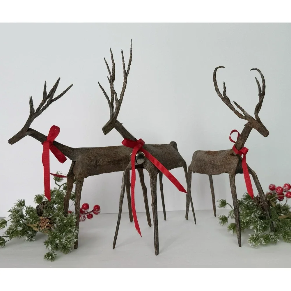 Handmade Rustic Iron Christmas Reindeer Set of 3 - Twisted Antlers Patina Decor